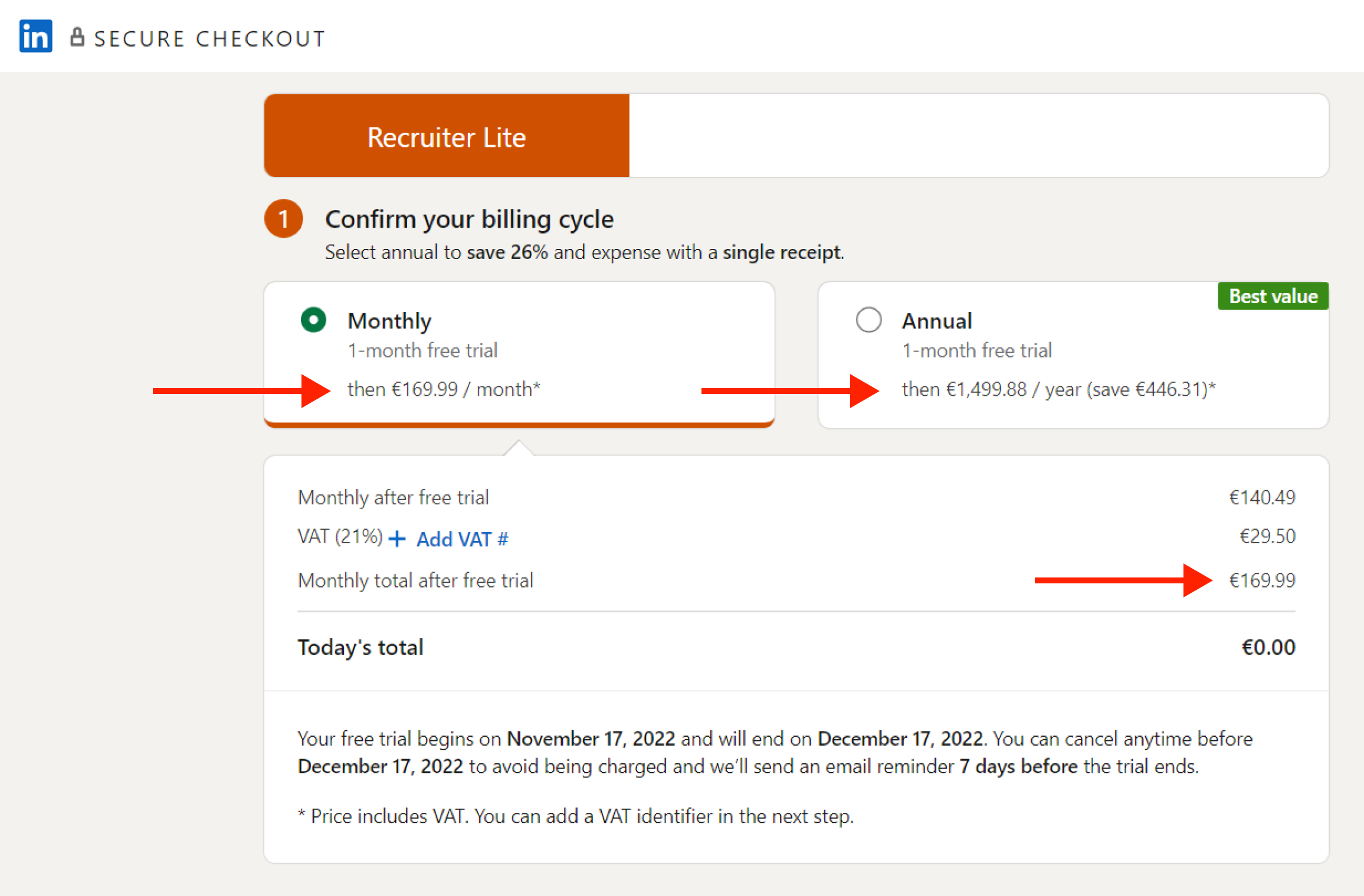 LinkedIn Recruiter Lite pricing screen showing the monthly and annual price in euros